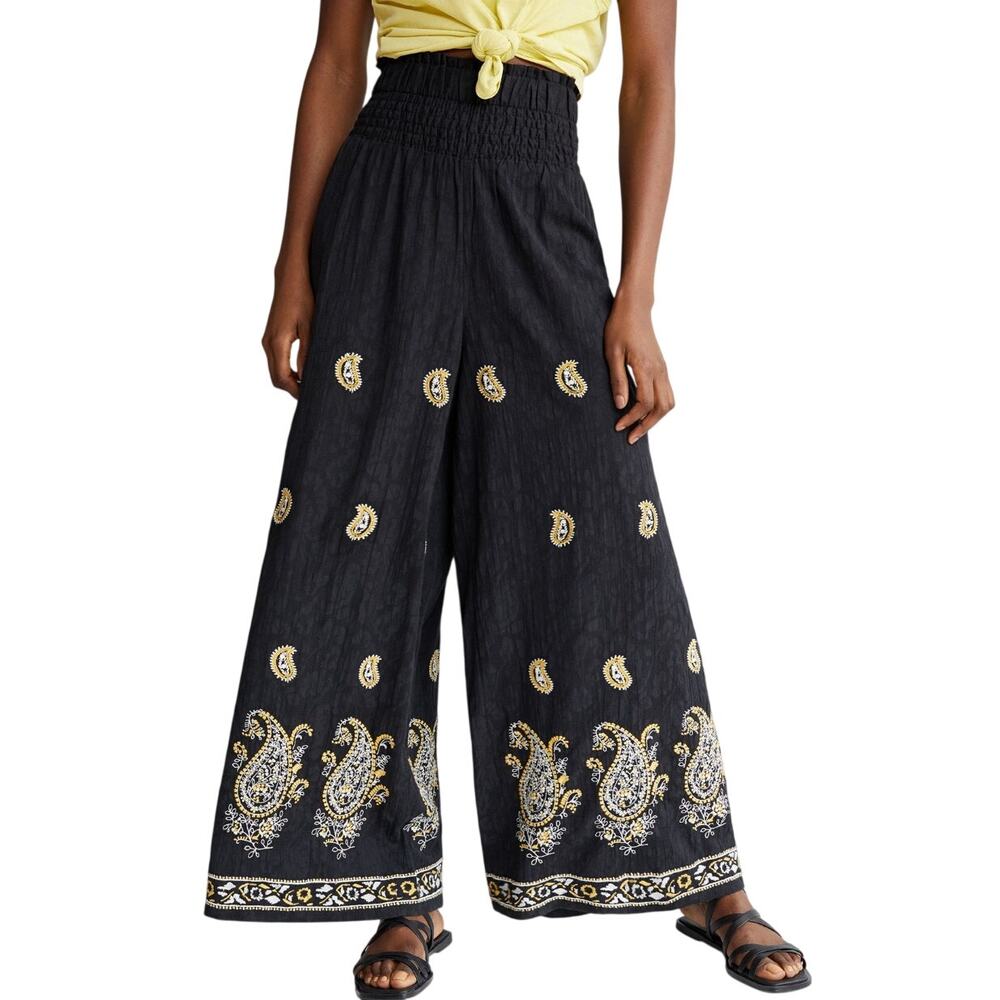 Anthropologie Black Paisley Embroidered Smocked Wide Leg Pants S
